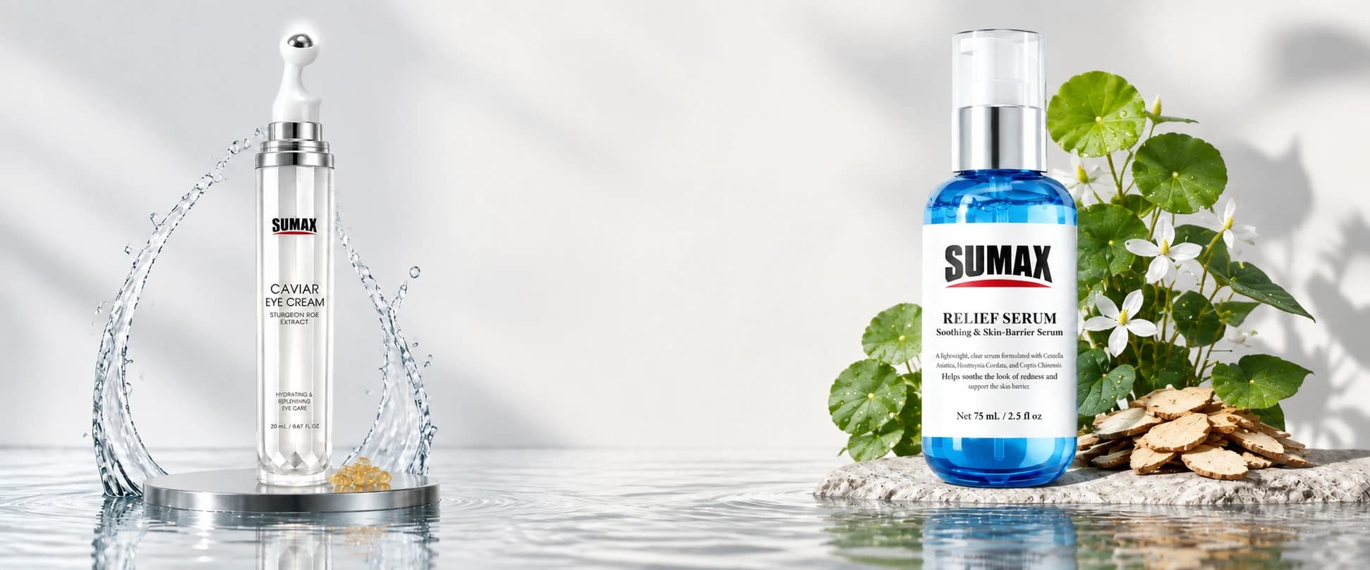 SUMAX Caviar Eye Cream beside flowing water and Relief Serum among green plants